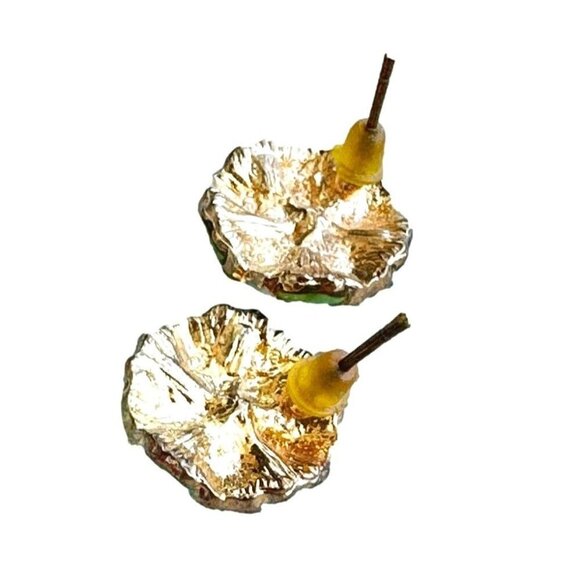 Vintage Gold Foil & Green Enamel Flower Stud Earrings With Rhinestone - Picture 2 of 2